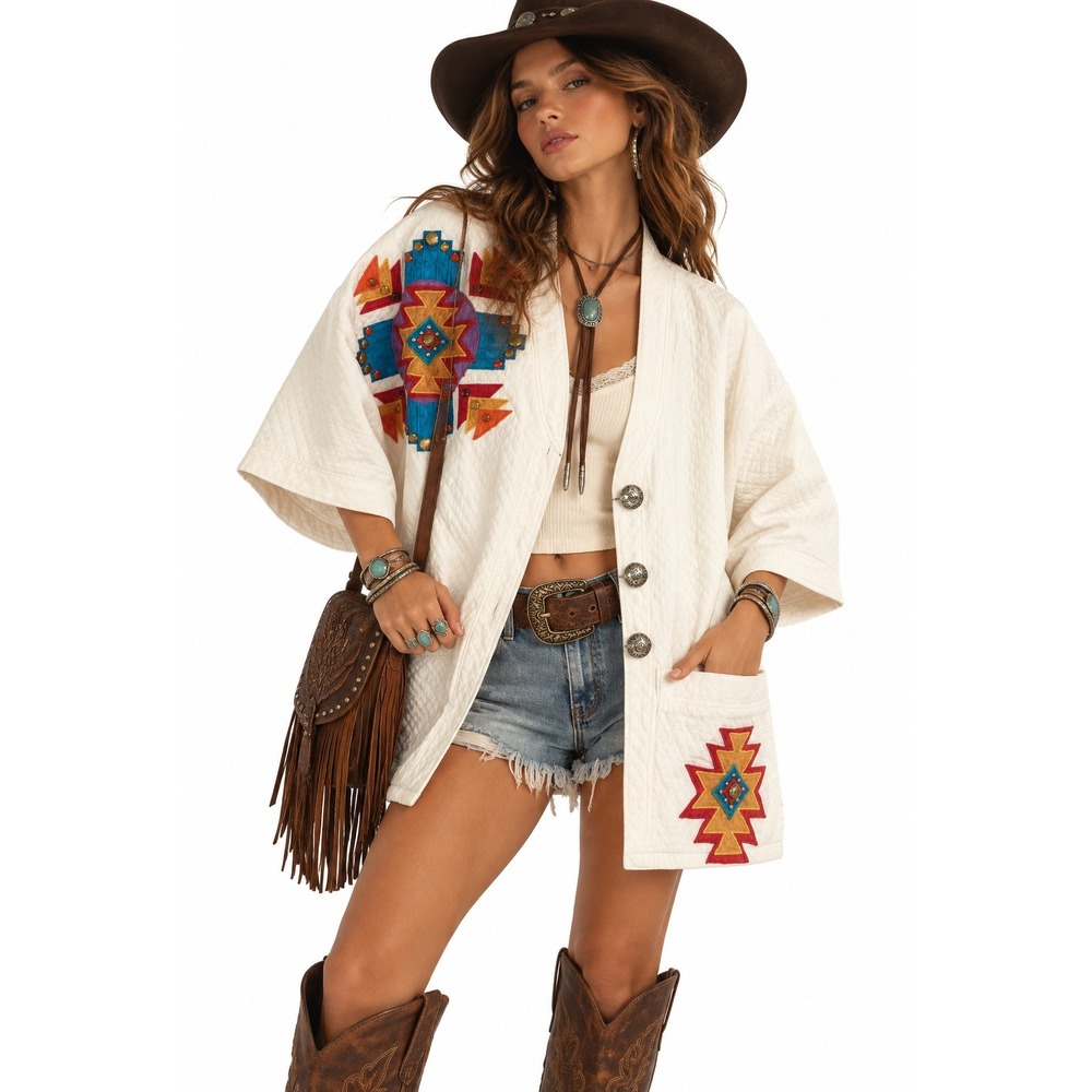 Vintage Quilted Cotton Southwestern Jacket sz L White Applique Bejeweled Boho